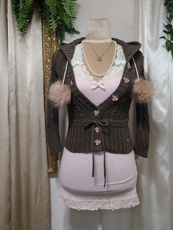 Abercrombie & Fitch Sweaters - Vintage Abercrombie Brown Plaid Hearts Buttons Babydoll Sweater Furry Pom Poms